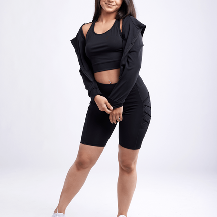 High-Waisted Workout Shorts with Pockets & Criss Cross Design