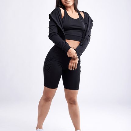 High-Waisted Workout Shorts with Pockets & Criss Cross Design