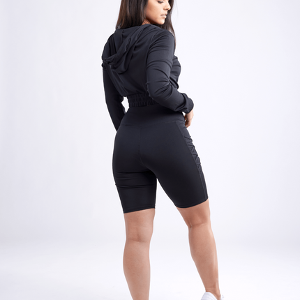 High-Waisted Workout Shorts with Pockets & Criss Cross Design