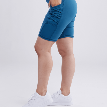 High-Waisted Workout Shorts with Pockets & Criss Cross Design