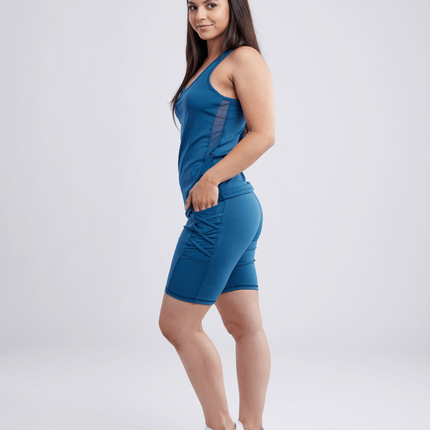 High-Waisted Workout Shorts with Pockets & Criss Cross Design