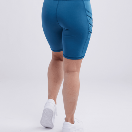 High-Waisted Workout Shorts with Pockets & Criss Cross Design
