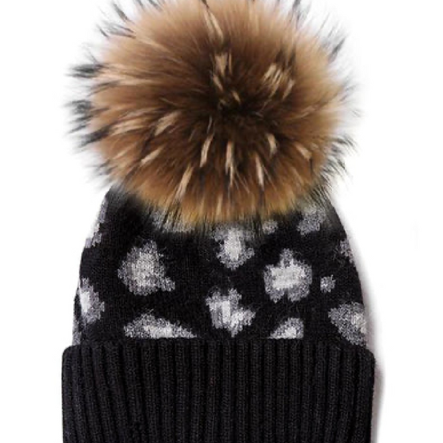 Cashmere Blend Knit Leopard with Pom Beanie