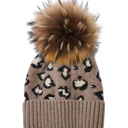 Cashmere Blend Knit Leopard with Pom Beanie