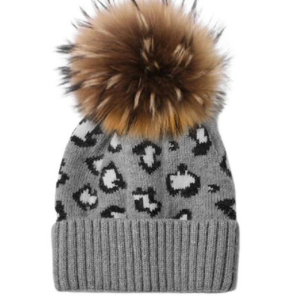 Cashmere Blend Knit Leopard with Pom Beanie