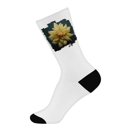 Dahlia Flower with Leaves Socks - Botanical Novelty Socks - Colorful Crew Socks