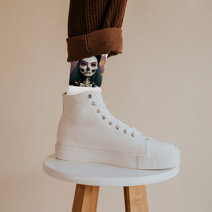 Cool Skeleton Socks - Floral Novelty Socks - Halloween Print Crew Socks