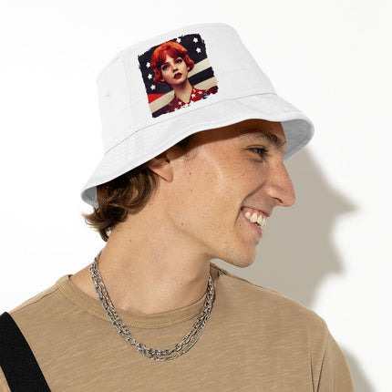 USA Flag Print Bucket Hat - Girl Art Hat - Patriotic Bucket Hat