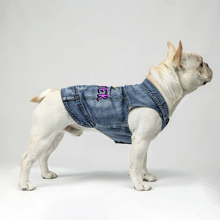 Little Monster Dog Denim Vest - Unique Dog Denim Jacket - Word Print Dog Clothing