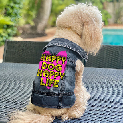 Happy Dog Happy Life Dog Denim Vest - Phrase Dog Denim Jacket - Art Print Dog Clothing